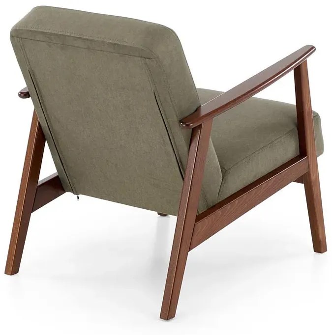 Oliwkowy fotel drewniany typu lisek w stylu vintage L3-P88