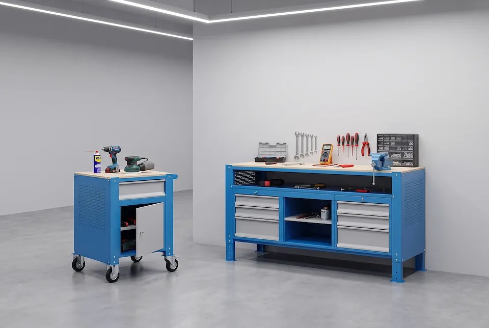 Mobilny kontener G9, 2 półki, 675 x 595 x 865-1130 mm, szary/niebieski