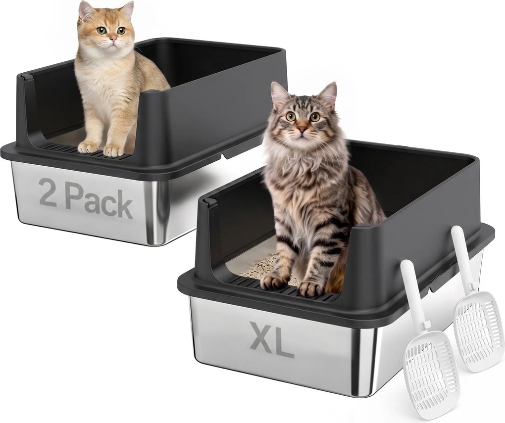 PawHut Zestaw 2 kuwet XL ze stali nierdzewnej z wysokim brzegiem i pokrywą 60x40x30cm półotwarta z 2 łopatkami, dla dużych kotów do 8 kg | Aosom PL