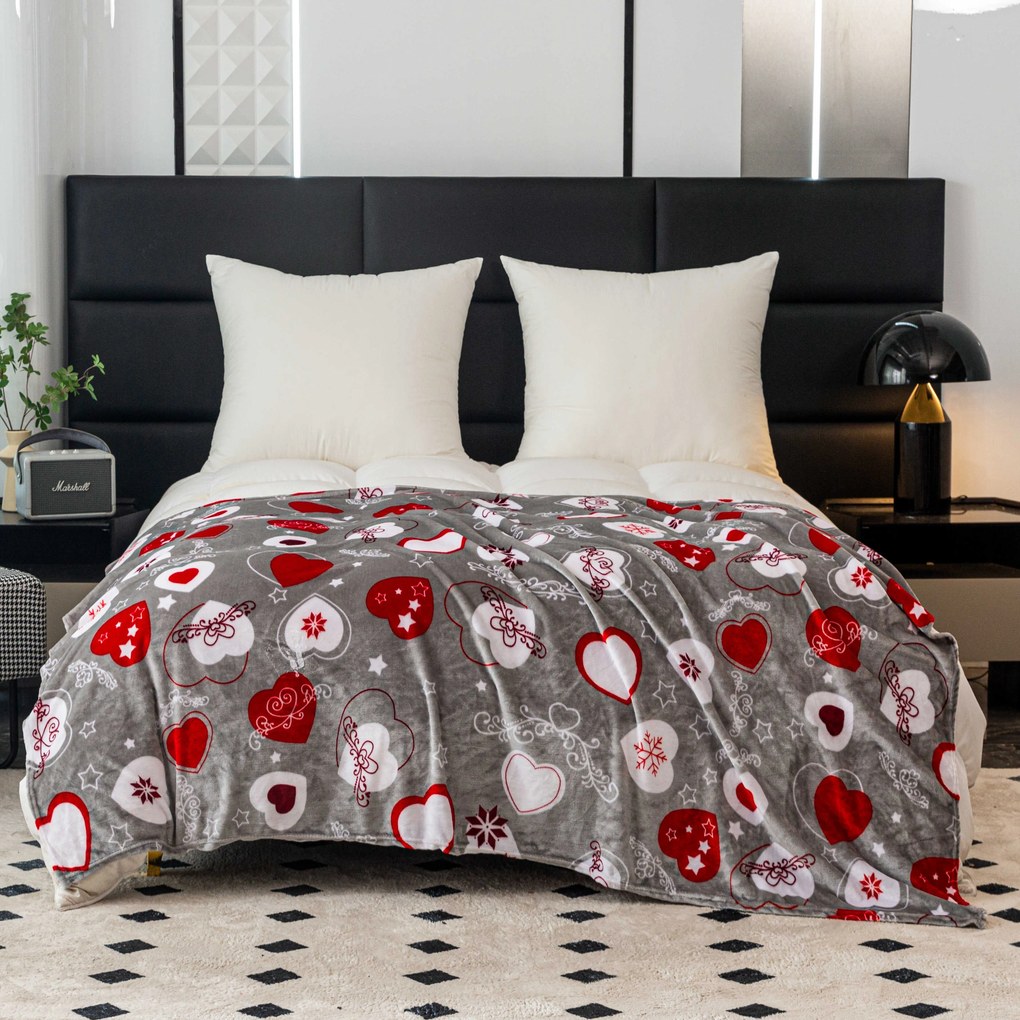 Świąteczny koc z mikropluszuy CHRISTMAS HEART szary Rozmiar: 200 x 220 cm