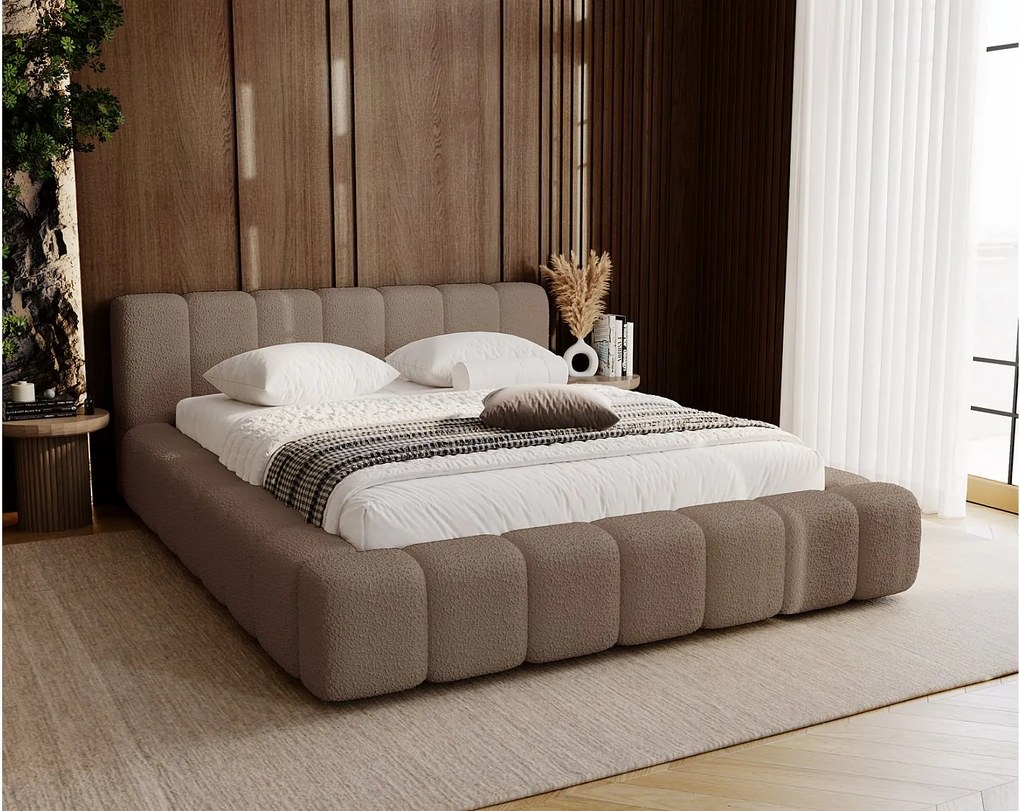 Emporius Bolonia łóżko 180x200 cm - łóżko tapicerowane 180x200 w nowoczesnym stylu - pojemnik, stelaż, gruba pianka, tkanina boucle, brązowy (Anthology 5)