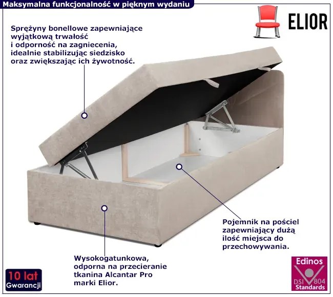 Beżowe pojedyncze łóżko tapicerowane z pojemnikiem Corno