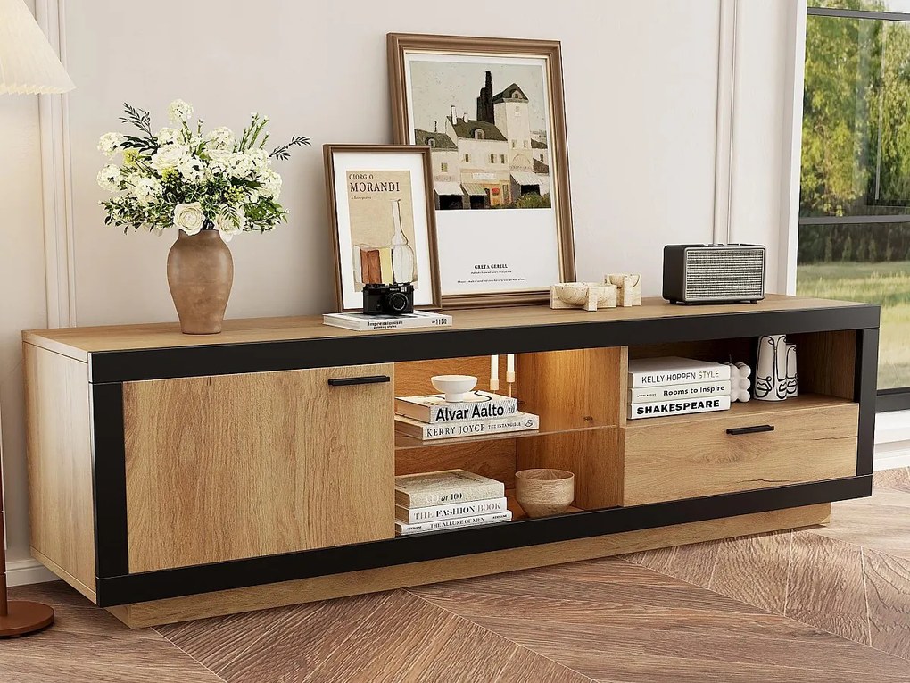 Szafka pod telewizor 160x40x50 cm - z 1 szufladą i 1 drzwiami - do telewizorów 70/65/55 cali - czarny + naturalny
