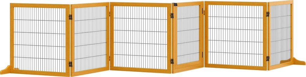 PawHut Wolnostojąca Drewniana Bramka dla Psa, Modułowa i Składana z 6 Paneli i 2 Podpor, Żółta