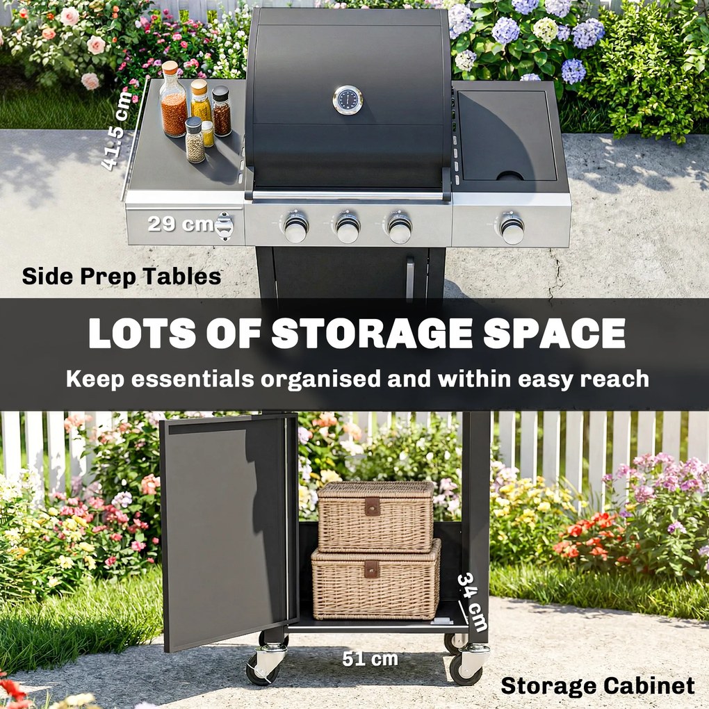 Outsunny Grill gazowy 10,5 kW 3+1 palniki BBQ wózek stal nierdzewna z bocznym palnikiem, otwieraczem do butelek i termometrem | Aosom PL