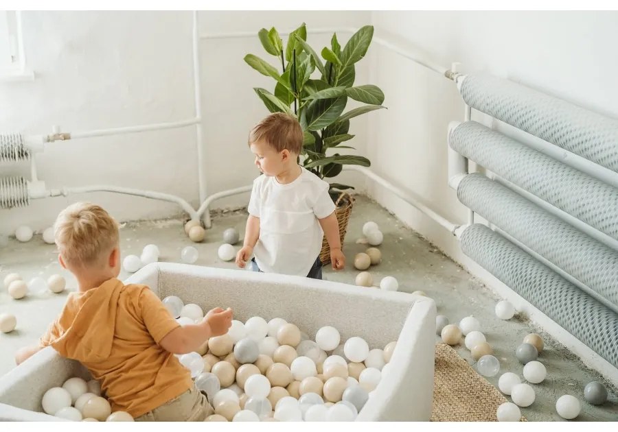 Kwadratowy suchy basen z piłeczkami 7cm dla dziecka, 110x110x40cm/400 piłek, bawełniany, jasnoszary, piłki: białe - meowbaby®