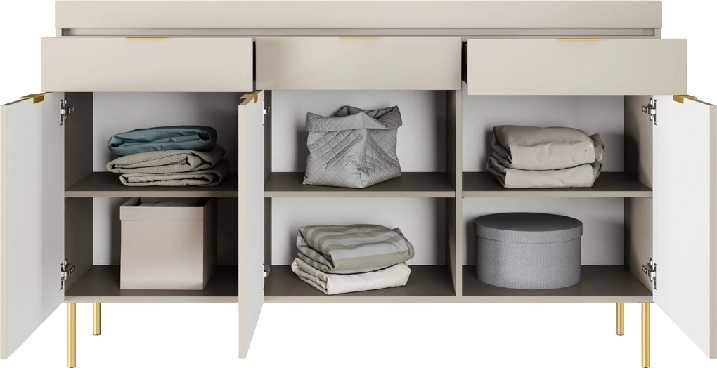 Komoda trzydrzwiowa Sentia 157 cm z trzema szufladami - kaszmir / złoty