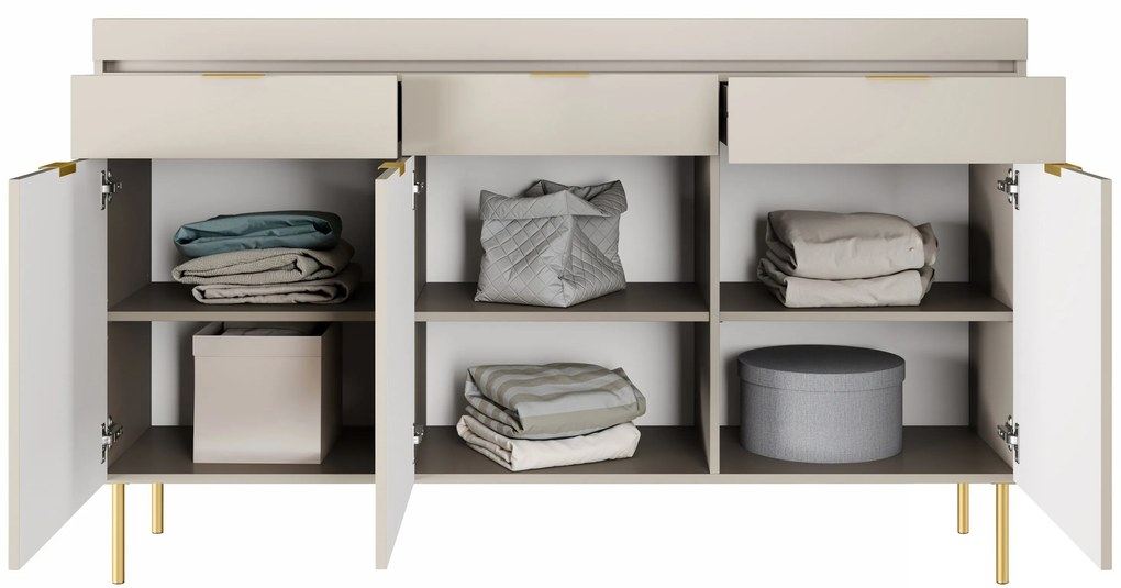 Komoda trzydrzwiowa Sentia 157 z trzema szufladami - kaszmir / złoty