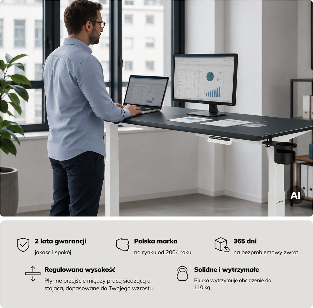 Biurko elektryczne z regulacją wysokości ergonomiczne biało-antracytowe,1600x800 mm: ARIA