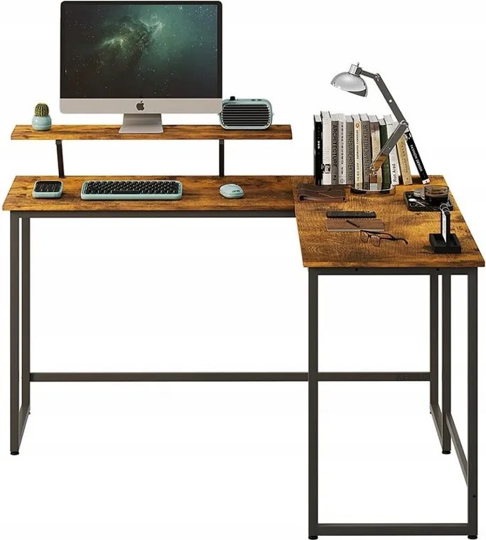Biurko Narożne Komputerowe 130 cm z Półką – Rustykalny Brąz, Industrial Loft