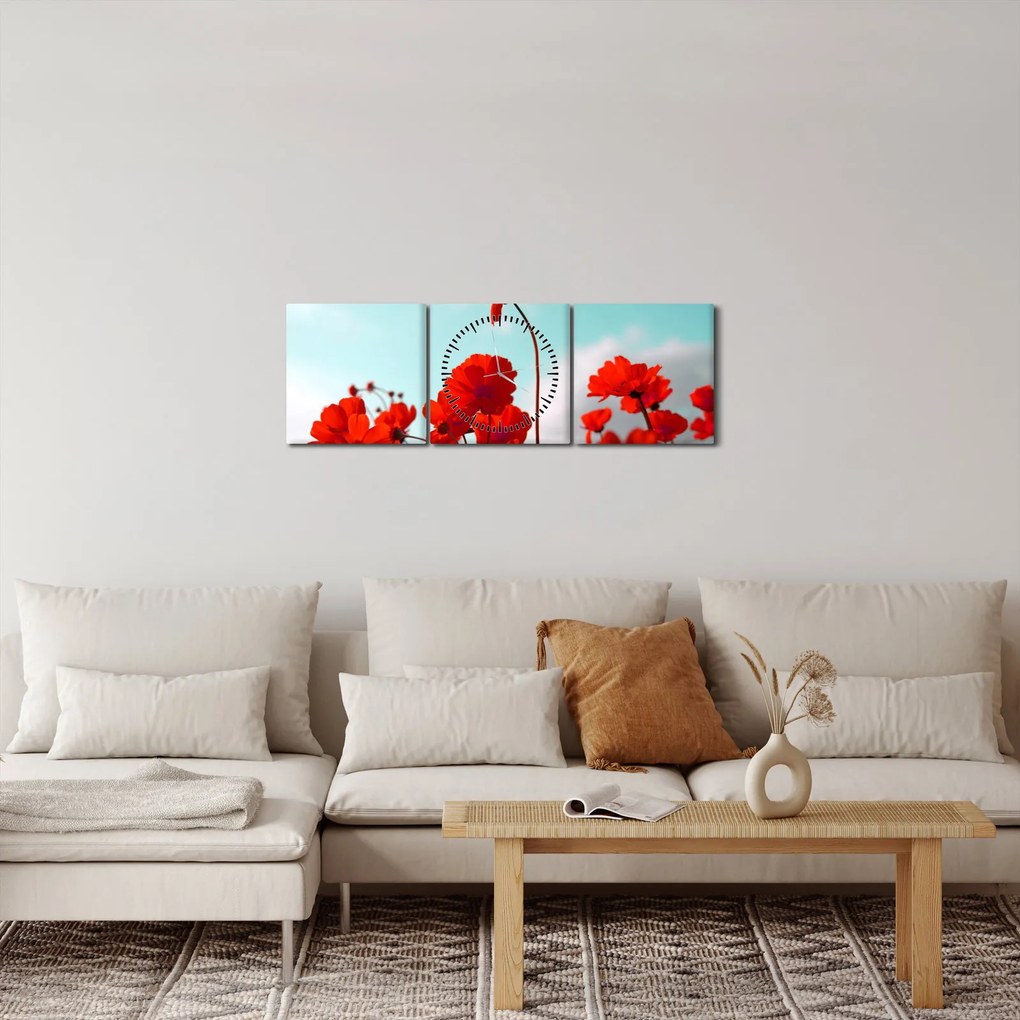 Obraz pola z jasnoczerwonymi kwiatami (z zegarem) (90x30 cm)