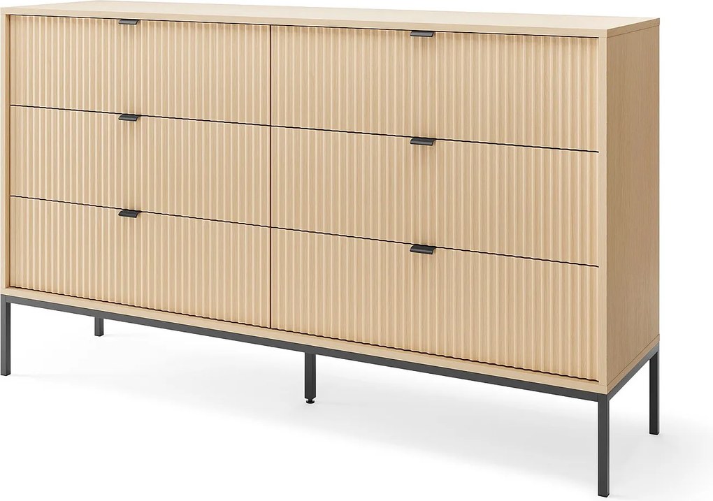 Komoda: 6 szuflad, dąb Vincenza, nogi czarne, 154 x 39 x 83 cm, uchwyty czarne