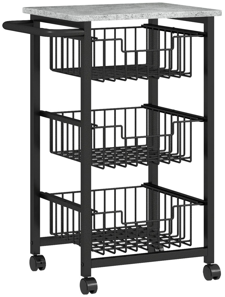 HOMCOM 3-poziomowy wózek kuchenny na kółkach, mobilny wózek do serwowania, wózek kuchenny z 3 stalowymi koszami, wózek do serwowania