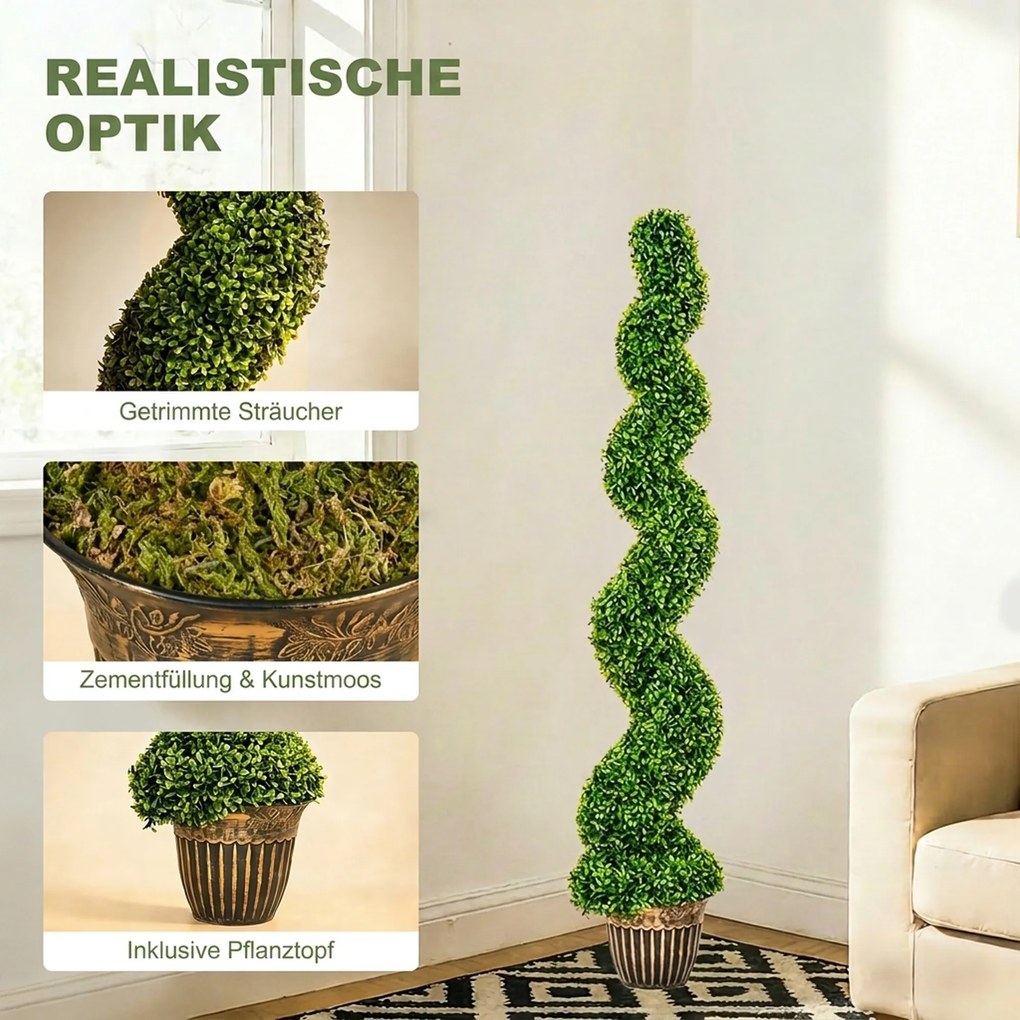 HOMCOM Bukszpan spiralny, zestaw 2 szt. roślin sztucznych, z donicą, wysokość 150 cm, zielony | Aosom PL