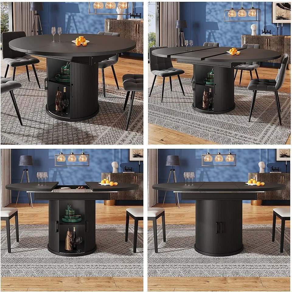 Stół jadalny 6-osobowy - 118/158 x 118 x 76,8 cm - rozkładany blat + ze schowkiem - MDF - czarny