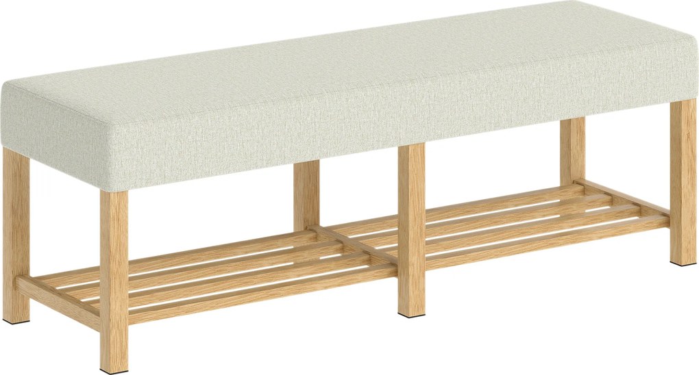 HOMCOM 140 cm Ławka na buty z drewna litego, nowoczesna ławka do przedpokoju z tapicerowanym siedziskiem dla dwóch osób, naturalne drewno i kremowy kolor | Aosom PL