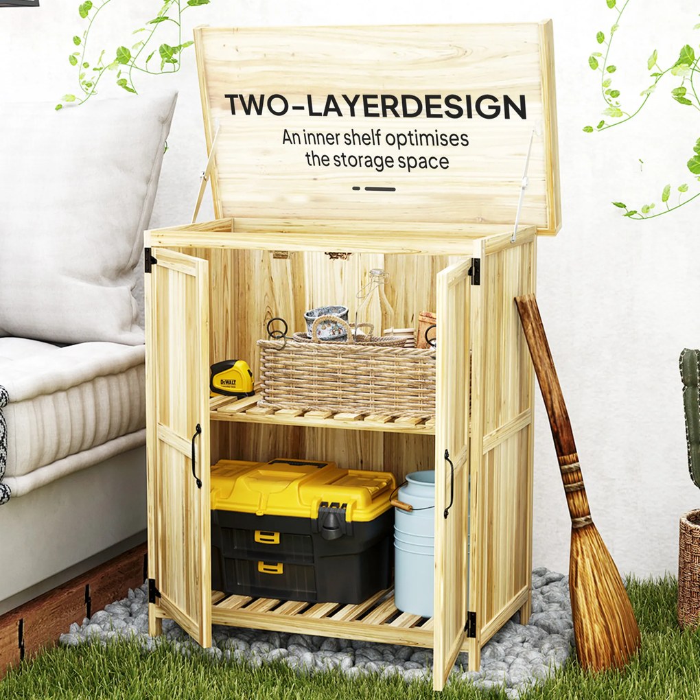 Outsunny Szafka Ogrodowa, Szafka na Narzędzia do Zewnętrznego Użytku, z Powierzchnią Pracy, Drewno i Stal Nierdzewna, Podwójne Drzwi, Drewno Naturalne