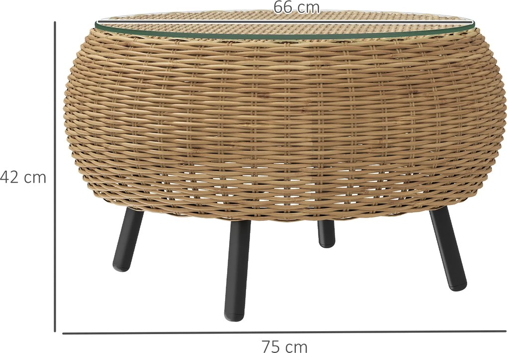 Outsunny Stolik pomocniczy z Polyrattanu okrągły stolik kawowy z blatem szklanym Ø75 x 42 cm Brązowy