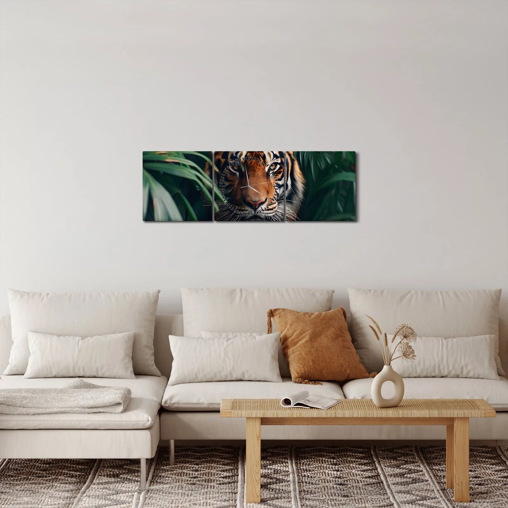 Obraz - Portret tygrysa w dżungli (z zegarem) (90x30 cm)