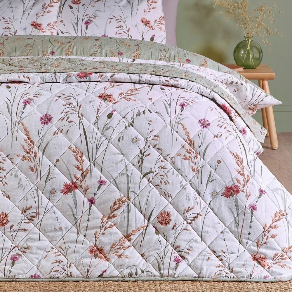 Zielono-beżowa bawełniana narzuta pikowana 200x220 cm Grasmere Floral – Catherine Lansfield