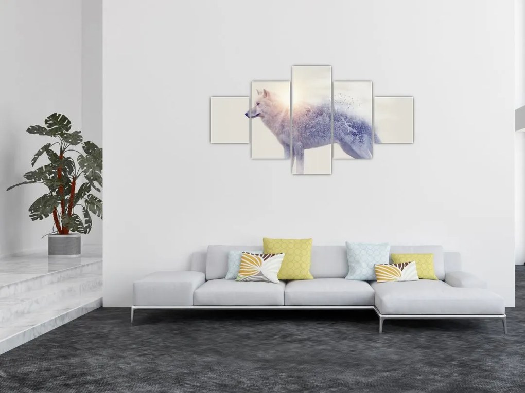Obraz - Wilk arktyczny odzwierciedla dziki krajobraz (125x70 cm)