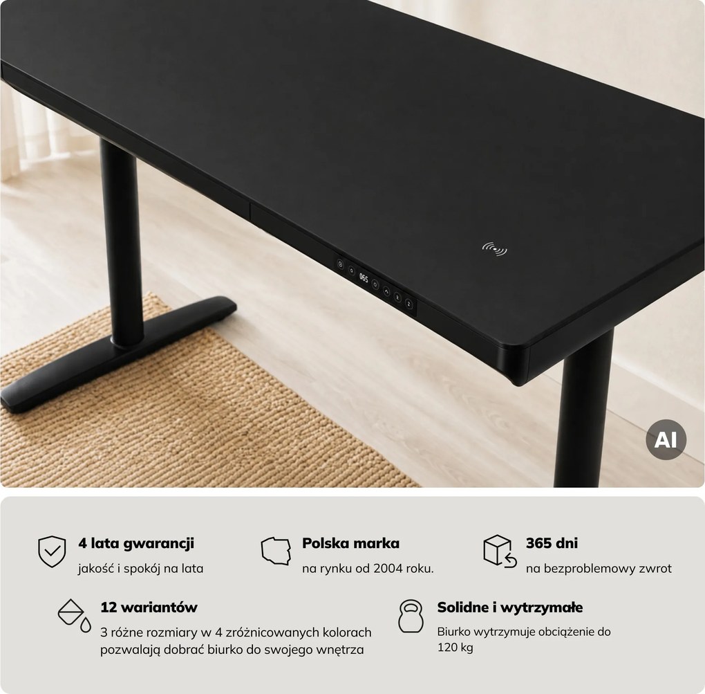 Biurko elektryczne sit-stand z szufladą i ładowarką bezprzewodową Qi czarne, 1400 mm: ELLIS