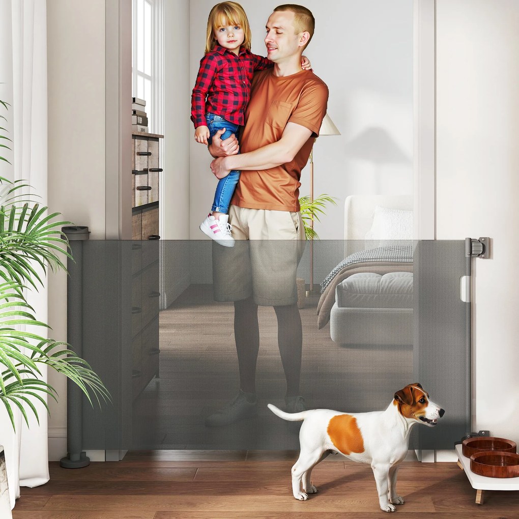 PawHut Rozsuwana bramka ochronna na schody 0-136cm Wysokość 87 cm Bramka dla zwierząt domowych 142 x 10 x 87 cm Szara