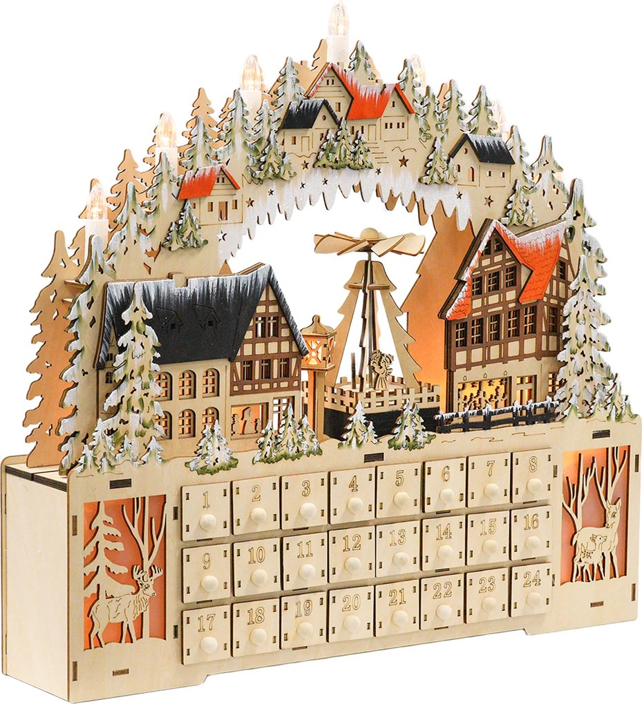 HOMCOM Kalendarz Świąteczny z Domkami, 18 Diód LED, 24 Przesuwane Schowki, Wielokrotnego Użytku, 45 x 9 x 42,5 cm | Aosom PL