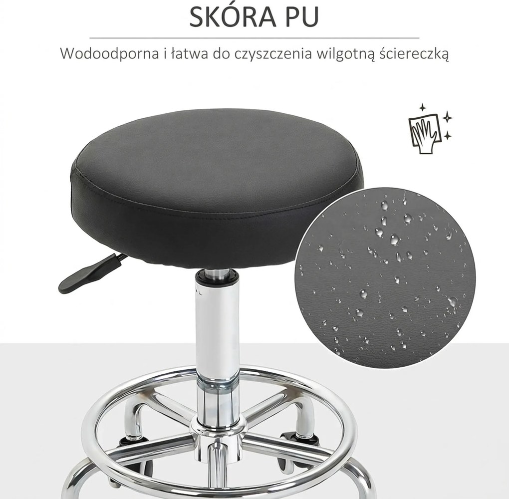 Vinsetto Taboret salonowy, regulowany, sztuczna skóra, do 110 kg, Ø42x50-64H cm, Czarny