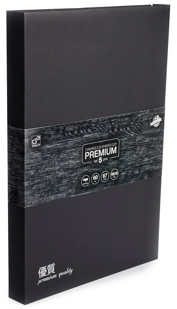 Zestaw noży G21 Damascus Premium w bambusowym bloku, pudełko, 5 szt. + kamień do ostrzenia