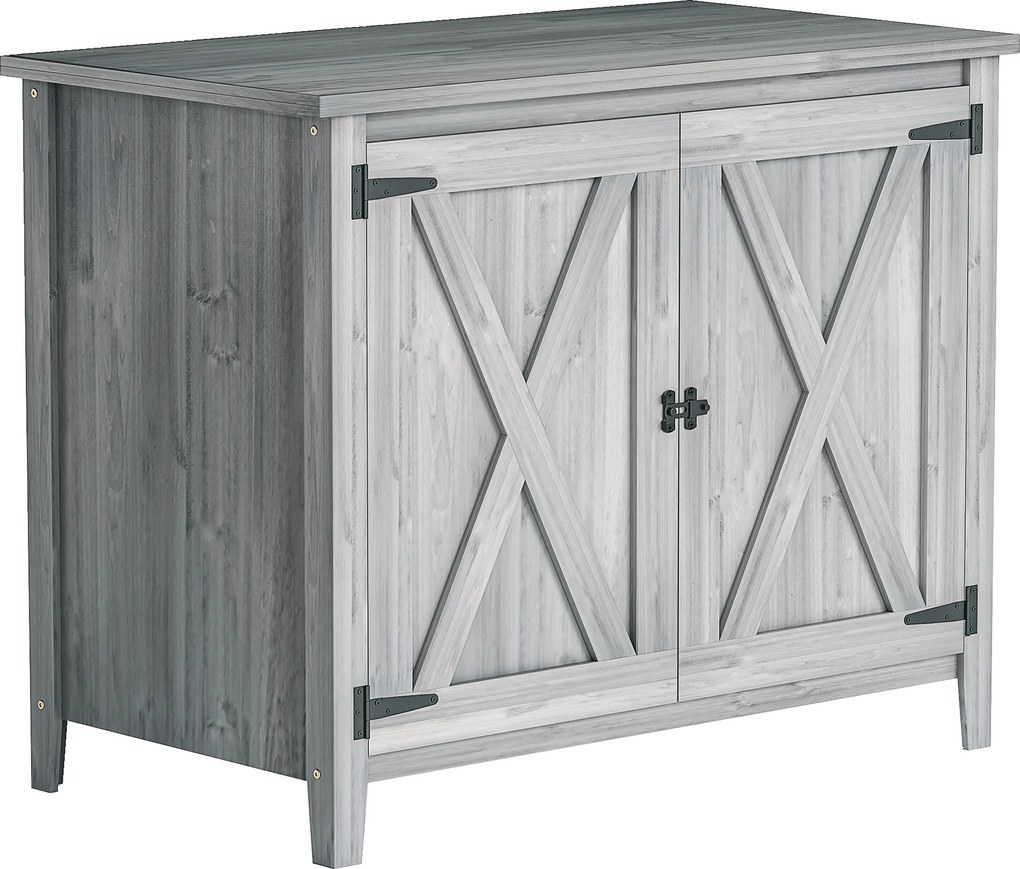 Outsunny Szafka Ogrodowa, Drewniana Szafka na Narzędzia Ogrodowe, Szafka zewnętrzna na Taras, z Podwójnymi Drzwiami, Design Stodoły, Jasnoszary