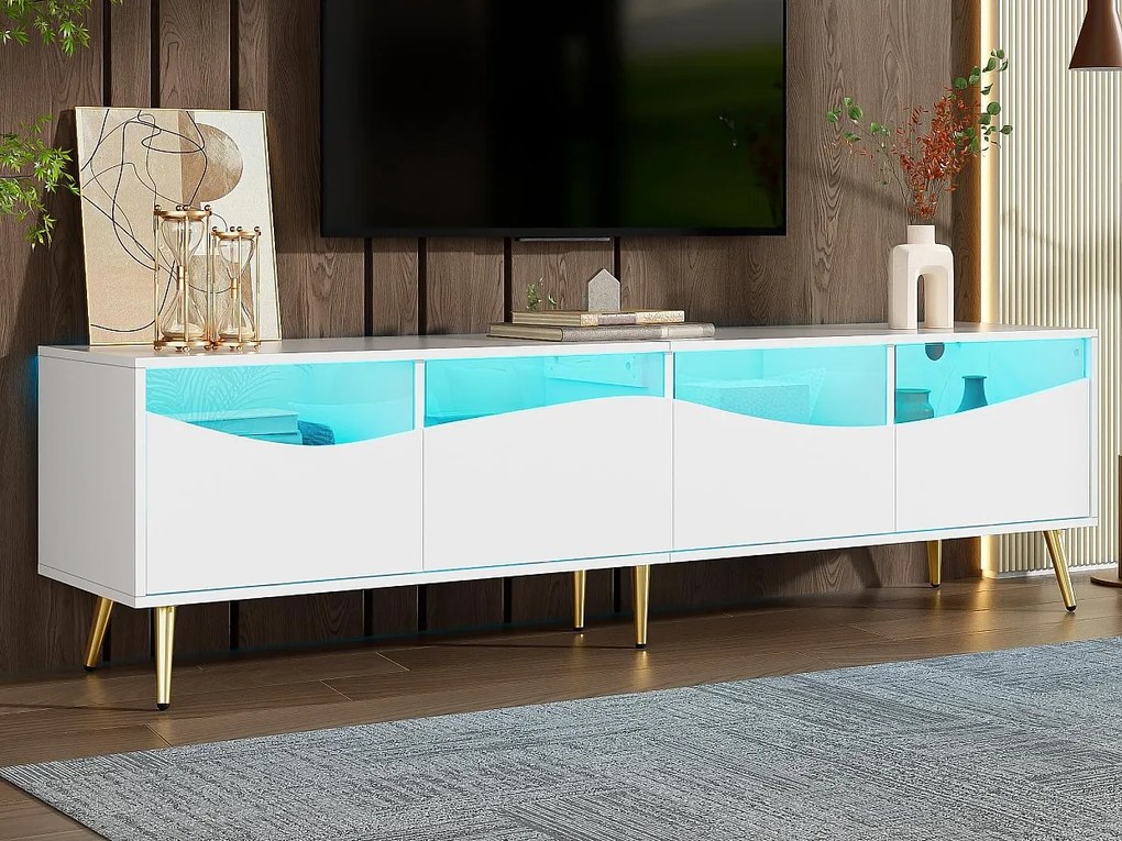 Nowoczesna szafa TV 180x40x50 cm - 4 szuflady - z oświetleniem LED - Nogi metalowe - Front szklany - Biały