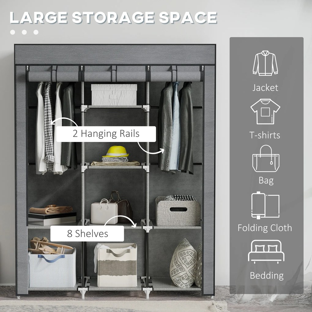 HOMCOM Szafa z Tkaniny, Rozwiązanie do Przechowywania, 8 Regałów, 2 Drążki na Ubrania, Ciemnoszary