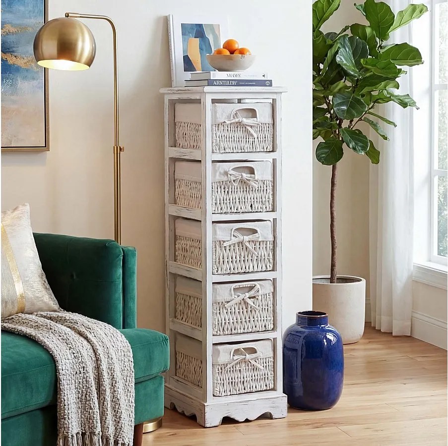 Komoda z 5 szufladami z koszykami,  biały