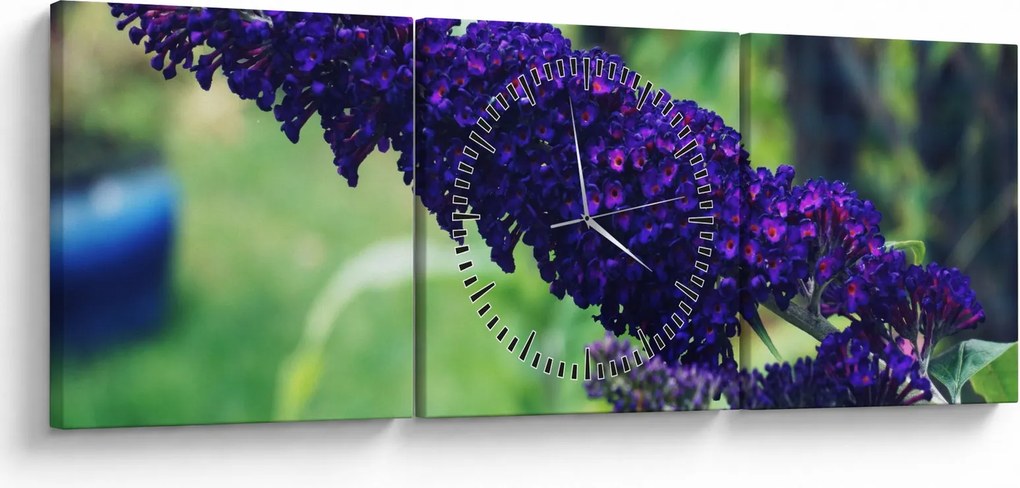 Obraz niebieskiego kwiatu (z zegarem) (90x30 cm)