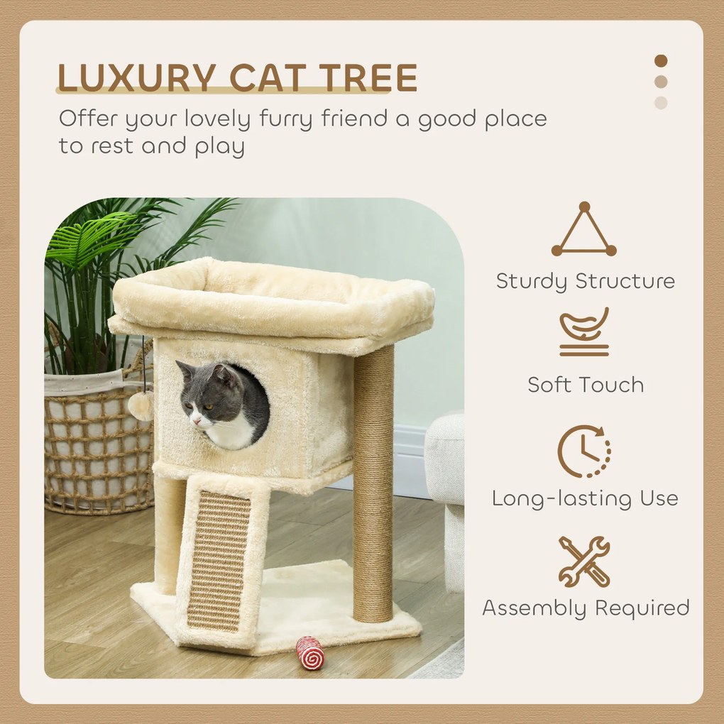 PawHut Drapak z matą do drapania z juty, platformą do leżenia, piłką do zabawy, domkiem dla kota, Beżowy, 40 x 40 x 57 cm