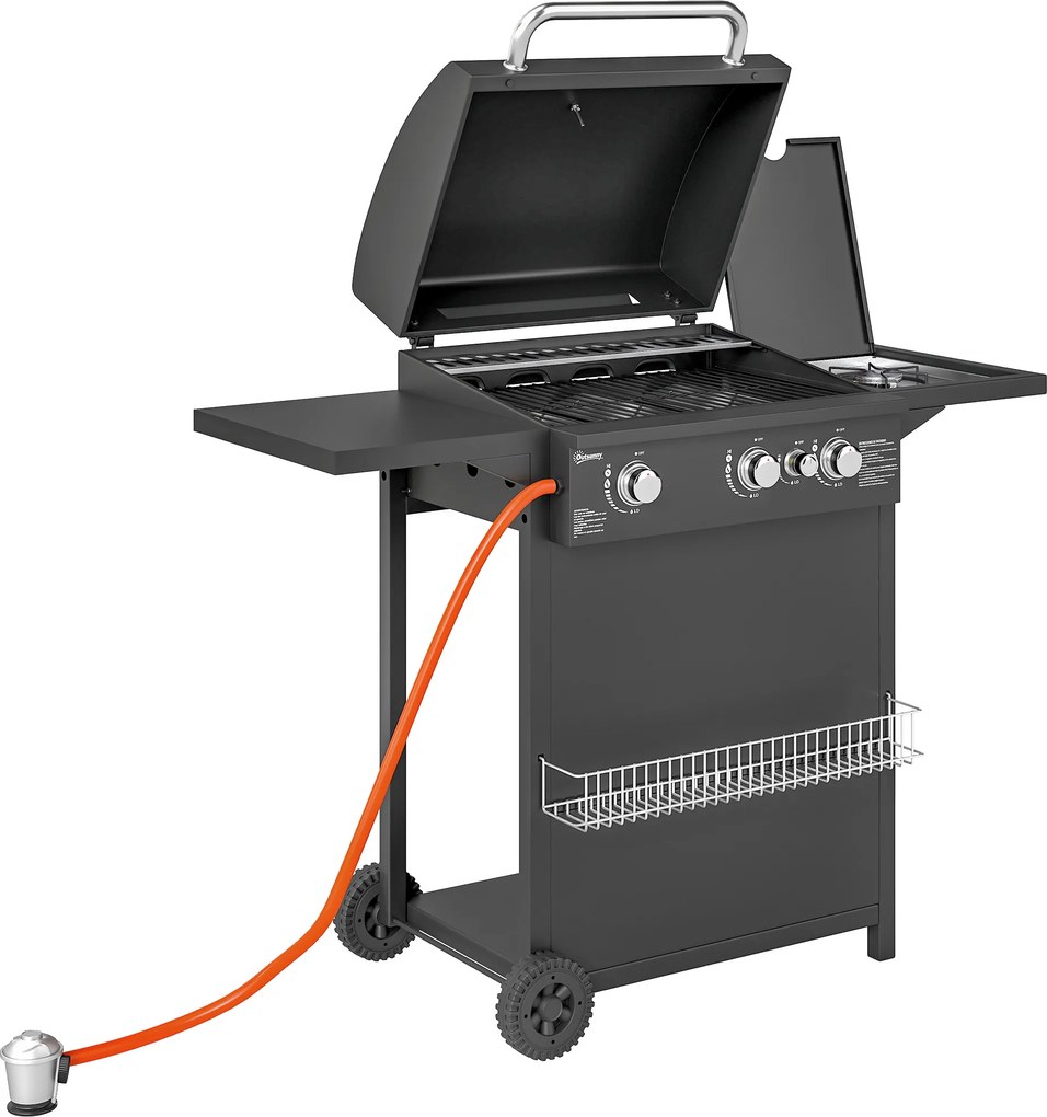 Outsunny Grill gazowy 9,5 KW z wózkiem, 4 palniki, boczny palnik, 123 x 57 x 98 cm Czarny