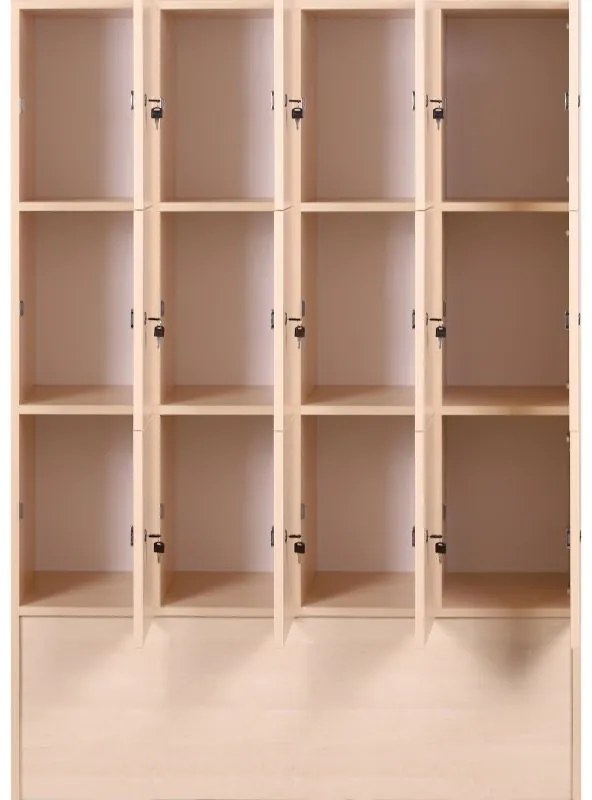 Drewniana szafka skrytkowa, 12 schowków, 1700 x 1200 x 420 mm, zamek cylindryczny, buk