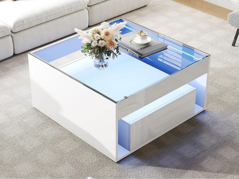 Błyszczący stolik kawowy 70x70x35 cm - Z oświetleniem LED - 1 szuflada - Otwarta półka - Blat hartowanego szkła - MDF - Biały