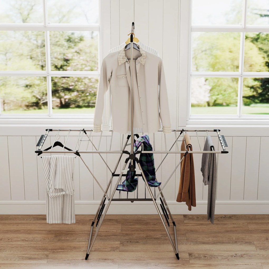 HOMCOM Suszarka na pranie składana stojąca suszarka z regulowanymi skrzydłami, uchwytami na buty, stal nierdzewna, 156,5 x 68 x 192 cm, srebrny