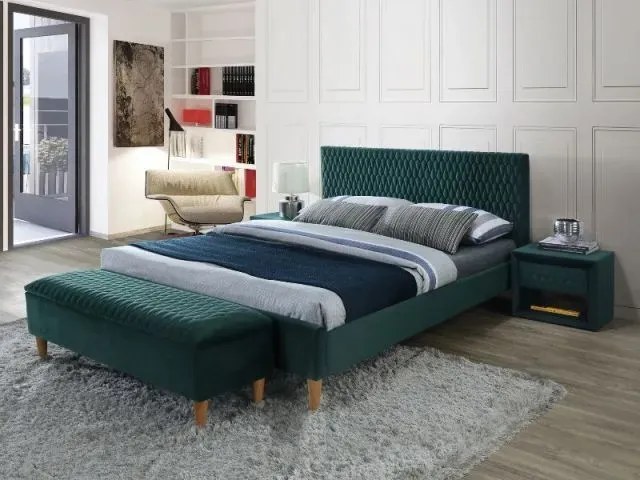 ŁÓŻKO AZURRO VELVET 160X200 KOLOR ZIELONY/DĄB TAPICERKA BLUVEL 78 SIGNAL