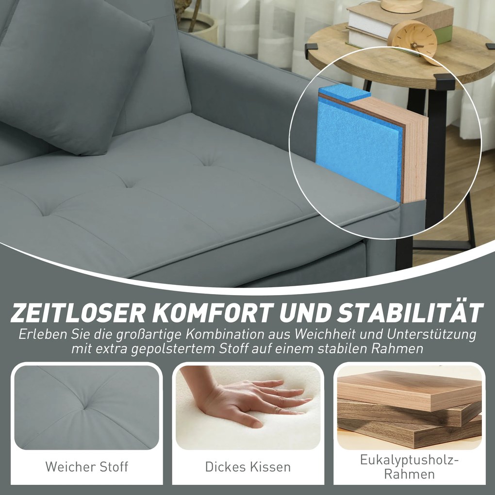 HOMCOM Sofa rozkładana, regulowana 3-osobowa kanapa z funkcją spania, wysuwane łóżko, poduszki, szara