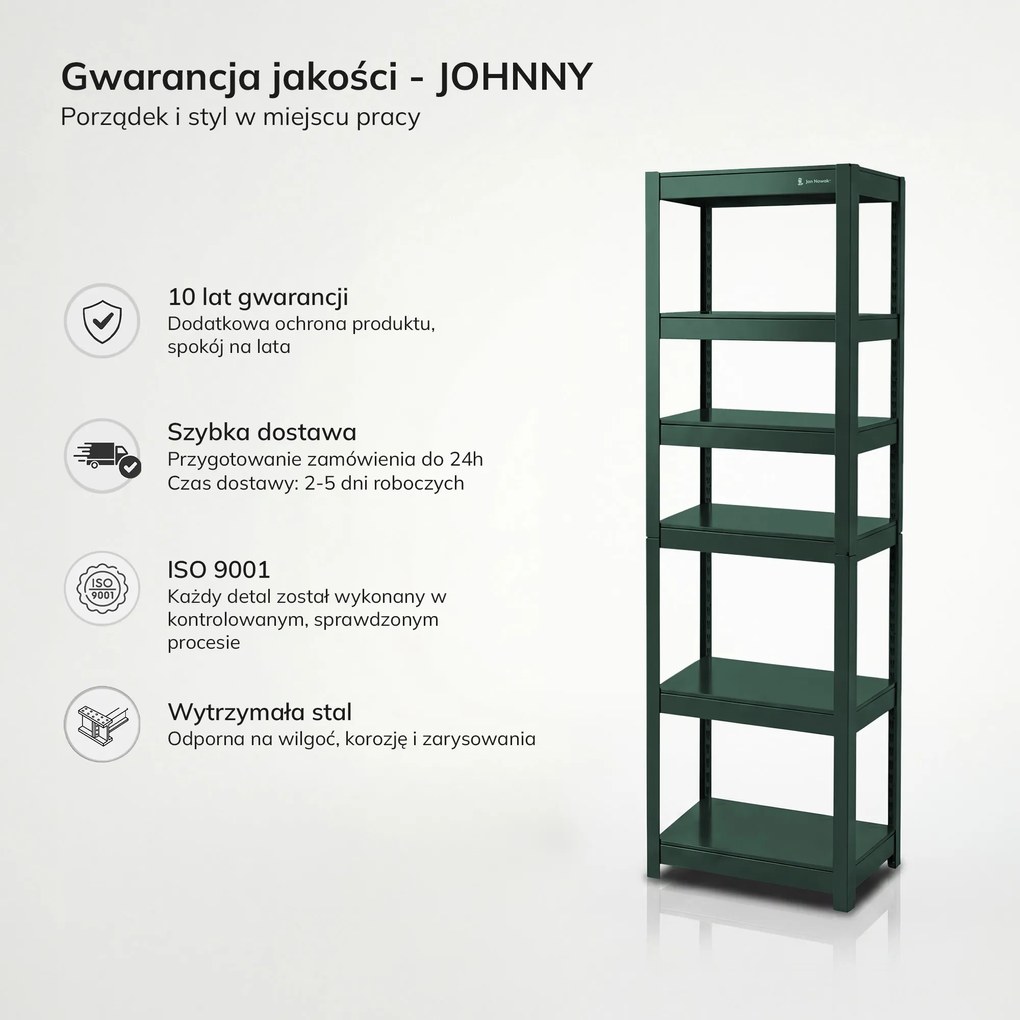 Regał metalowy wąski zielony: JOHNNY, 1800 x 450 x 420 mm