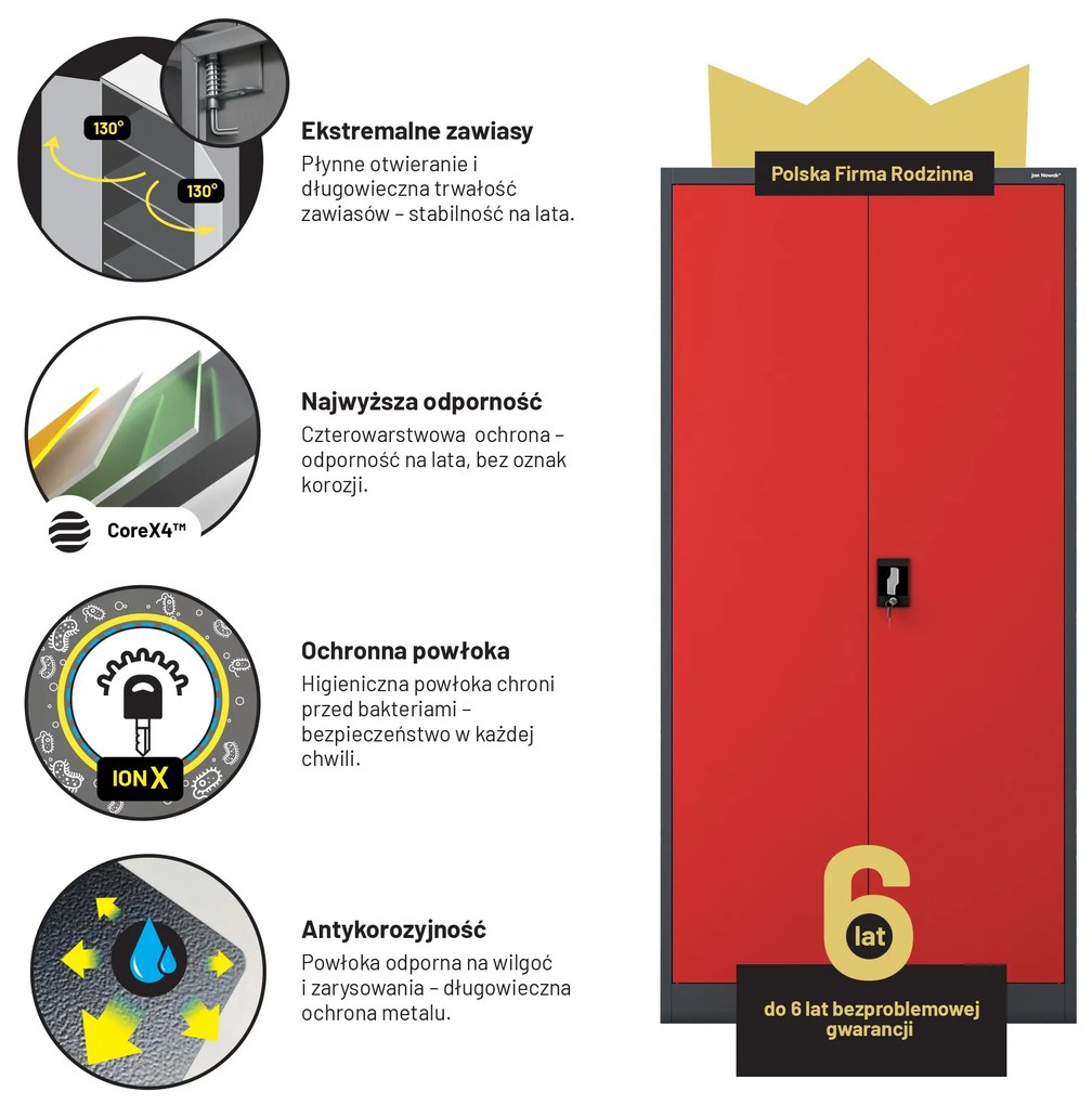 Biurowa szafa metalowa na akta JAN, 900 x 1850 x 400 mm, antracytowo-czerwona
