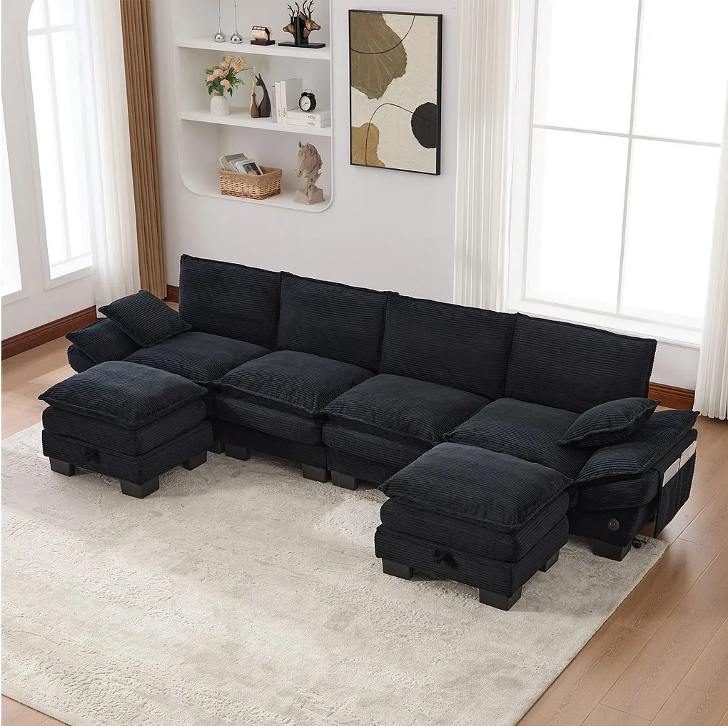 Zestaw wypoczynkowy z tkaniny sztruksowej dla 4 osób - 330 x 132 x 84 cm - z 2 pufami ze schowkiem + port USB + kieszenie - czarny