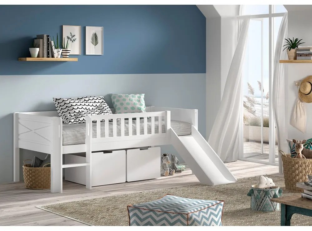 Białe podwyższone łóżko dziecięce z litego drewna sosnowego ze schowkiem i stelażem 90x200 cm Scott – Vipack