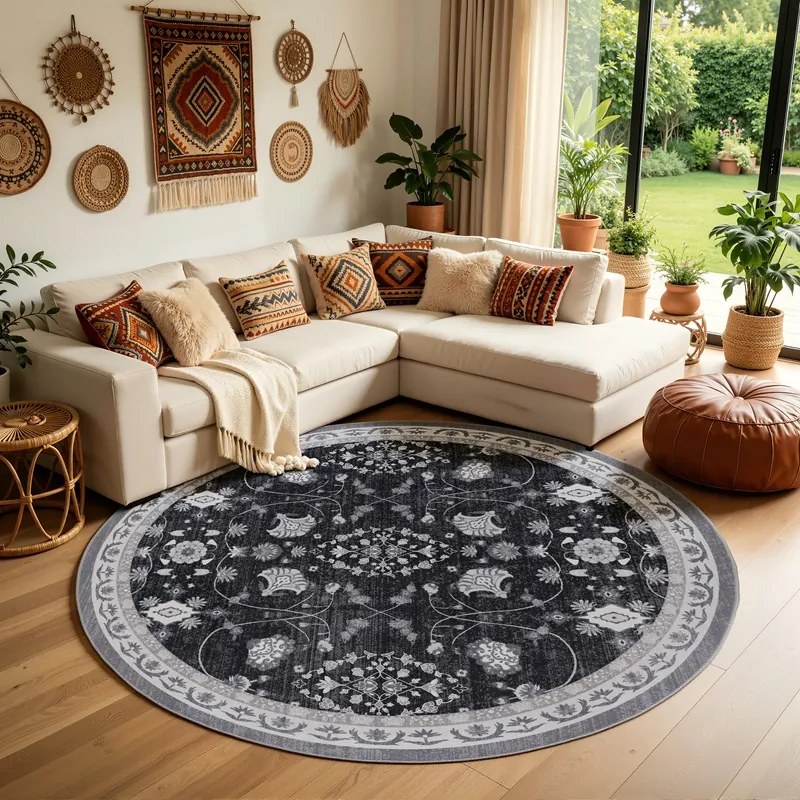Dywan vintage INKA Floral z Efektem Postarzenia Czarno-Szary koło 200 cm x 200 cm