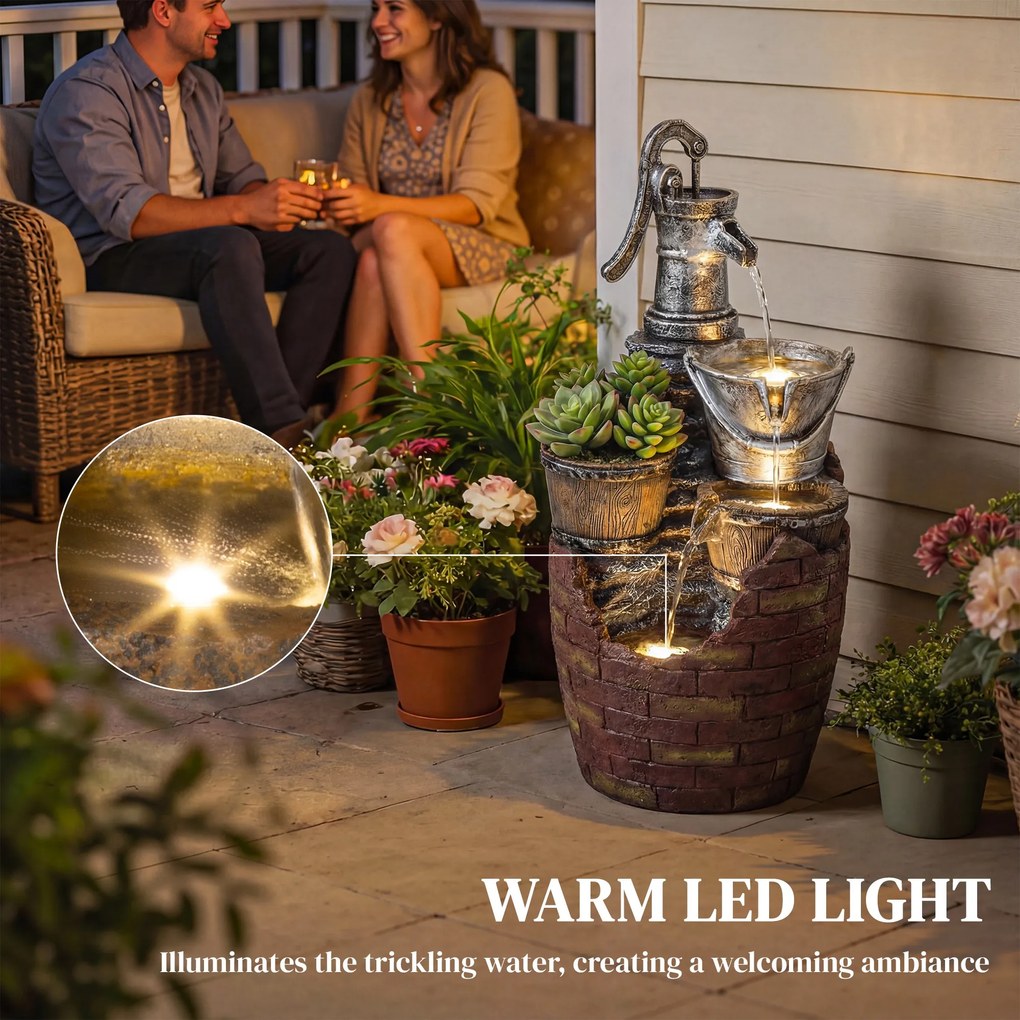 Outsunny Fontanna ogrodowa 4-stopniowa rustykalna z oświetleniem LED, pojemnikiem na rośliny, pompą, regulowana 34 x 31 x 76 cm | Aosom PL