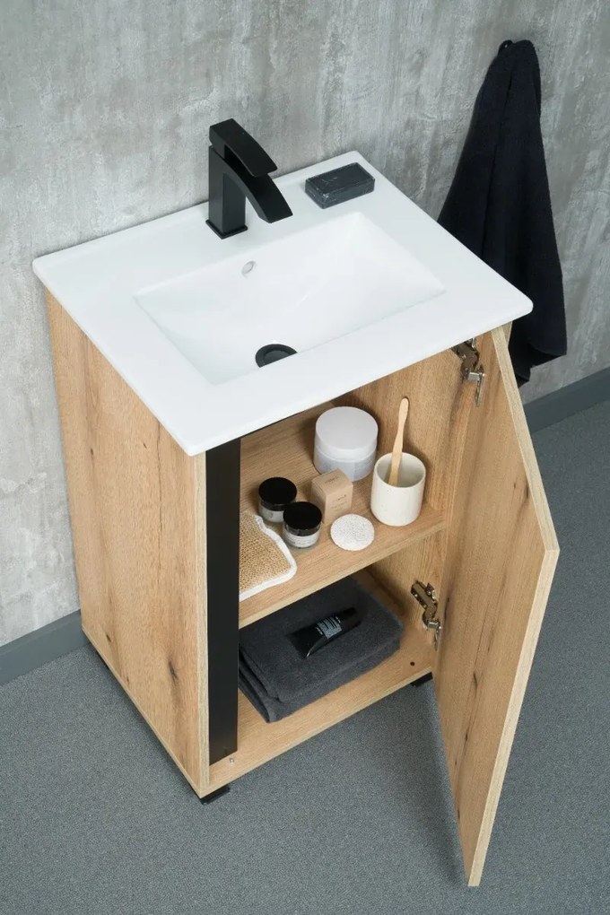 Zestaw Szafka z umywalką FOX 49 cm dąb evoke/czarna KROFAM
