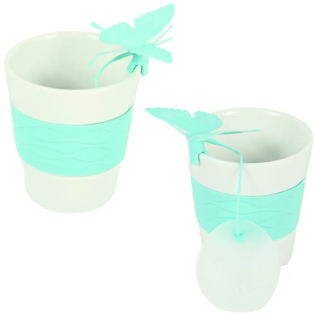 Porcelanowy kubek SILICONE BUTTERFLY z sitkiem do herbaty 280 ml, zielony